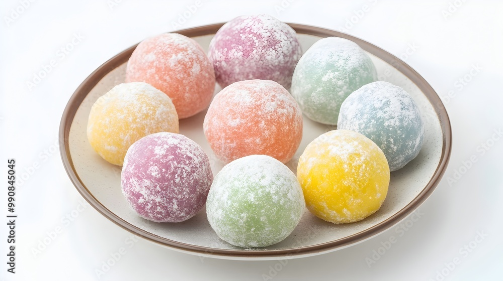 Arrangement of Colorful Mochi Balls Dusted with Powdered Sugar Displayed on a Simple White Plate Isolated on a Clean Background Arrangement of Colorful Mochi Balls Dusted with Powdered Sugar Displayed on a Simple White Plate Isolated on a Clean Background