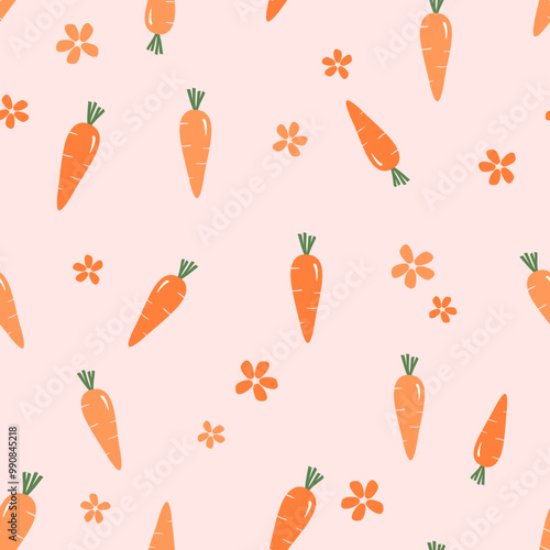 Seamless pattern with carrot and cute flower on pink background vector. 