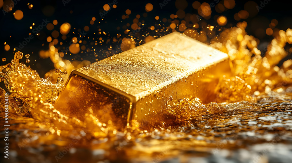 A gold bar splashing into water, creating dynamic waves and droplets that highlight its luxurious appeal. A gold bar splashing into water, creating dynamic waves and droplets that highlight its luxurious appeal.