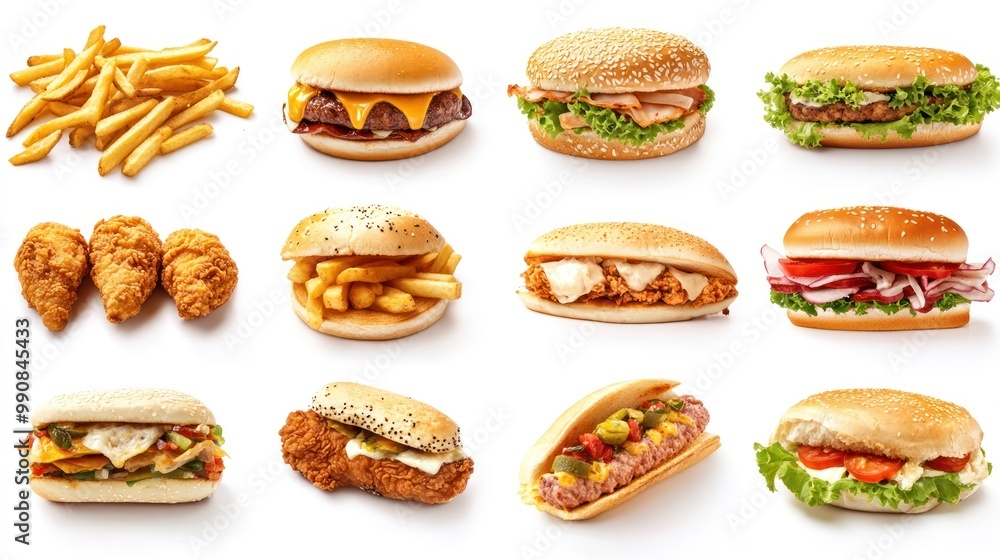 Fast Food Collection: Chicken, Fries, Pizza, sandwich on white background Fast Food Collection: Chicken, Fries, Pizza, sandwich on white background