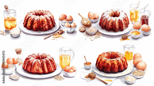 Four different cakes are shown on a white background, each with a different type of frosting and garnish. The cakes are arranged on a white plate, with bowls of ingredients nearby