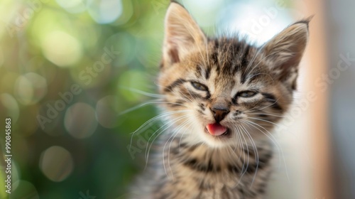 Adorable winking kitten with mouth open against a soft horizontal background, perfect for capturing the charm of playful cats and adding a touch of whimsy to pet-themed designs and marketing materials