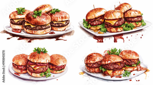 A plate of four different types of hamburgers with various toppings. The hamburgers are all different sizes and are placed on a white plate