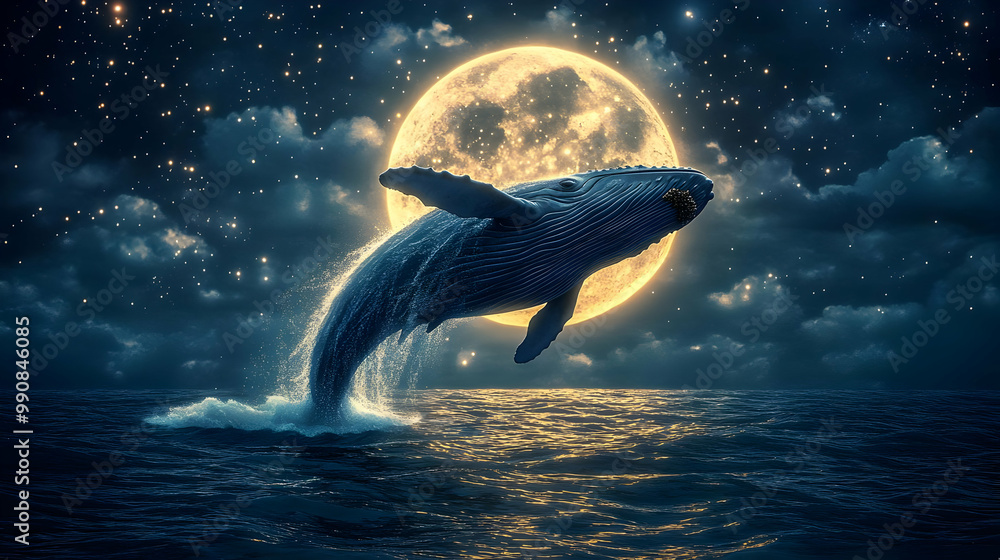Fototapeta premium A majestic whale breaching in ocean waters under a bright full moon, surrounded by twinkling stars and dramatic clouds.