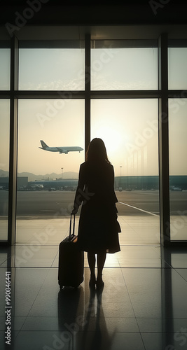 In an airport terminal, a woman stands with her luggage as an airplane takes off in the distance, with warm sunlight streaming through the windows, symbolizing travel and new horizons.