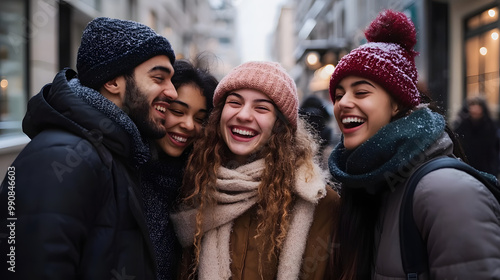 Multiracial group of friends having fun together outdoors on city street- in winter - Young cheerful people walking hugging outside- Next gen z lifestyle concept-Smiling students