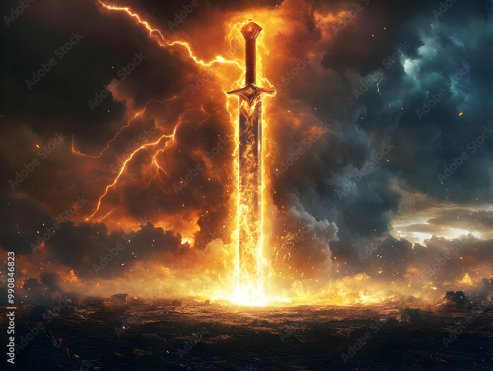Obraz premium A mystical sword emanates fiery light amidst stormy clouds, symbolizing power and divine intervention.
