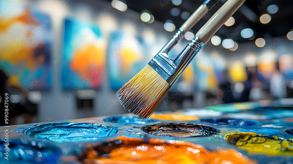 A paintbrush poised above a vibrant palette, showcasing a mix of vivid colors ready for artistic creation. A paintbrush poised above a vibrant palette, showcasing a mix of vivid colors ready for artistic creation.