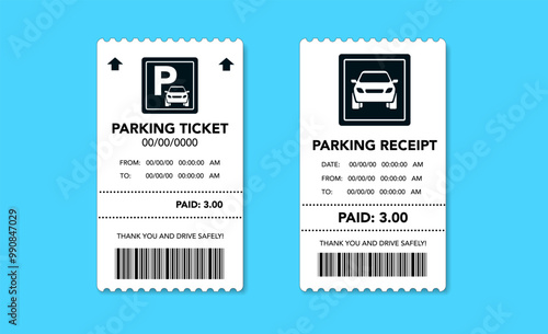 Parking tickets of parking machines. Parking ticket paper tear