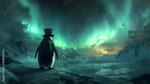 A penguin standing against a stunning aurora borealis backdrop, creating a magical and serene atmosphere.