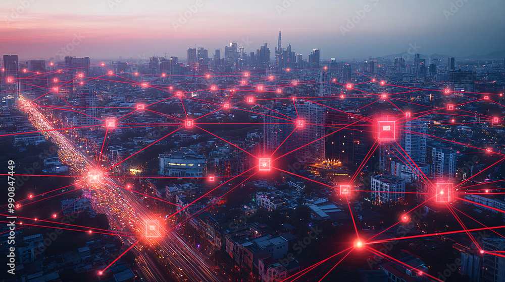 Wide-angle aerial view of the city skyline at night with glowing red connections representing smart urban infrastructure, featuring intricate networks of light beams and interconnected digital element Wide-angle aerial view of the city skyline at night with glowing red connections representing smart urban infrastructure, featuring intricate networks of light beams and interconnected digital element