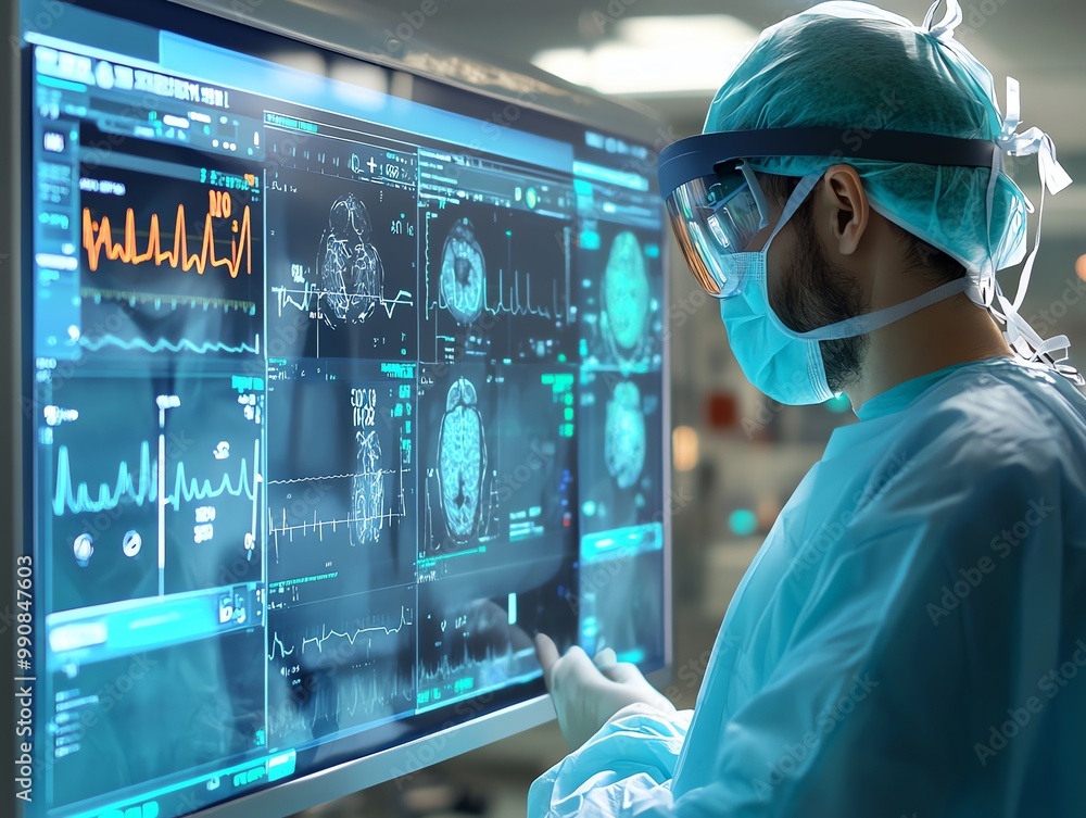 A surgeon in scrubs and protective eyewear examines medical data on a large touchscreen display. A surgeon in scrubs and protective eyewear examines medical data on a large touchscreen display.