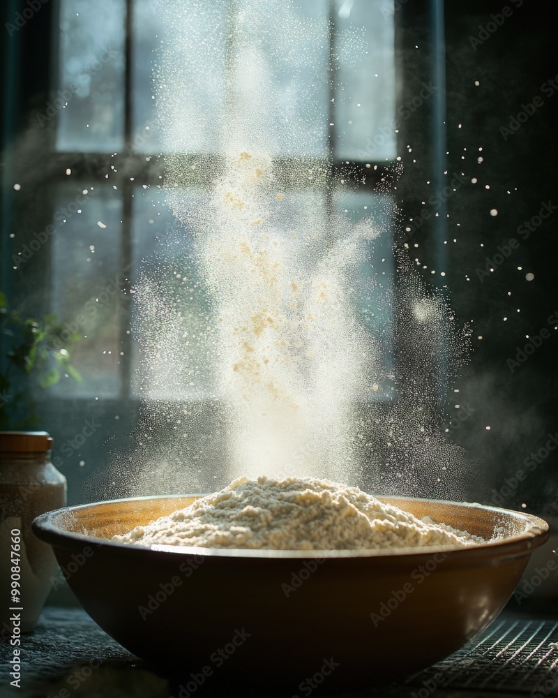 Artistic shot of flour sifting through in a rustic kitchen during golden hour