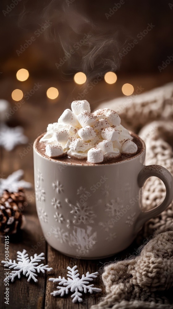 Enjoy a warm mug of hot chocolate adorned with fluffy marshmallows on a chilly winter day Enjoy a warm mug of hot chocolate adorned with fluffy marshmallows on a chilly winter day