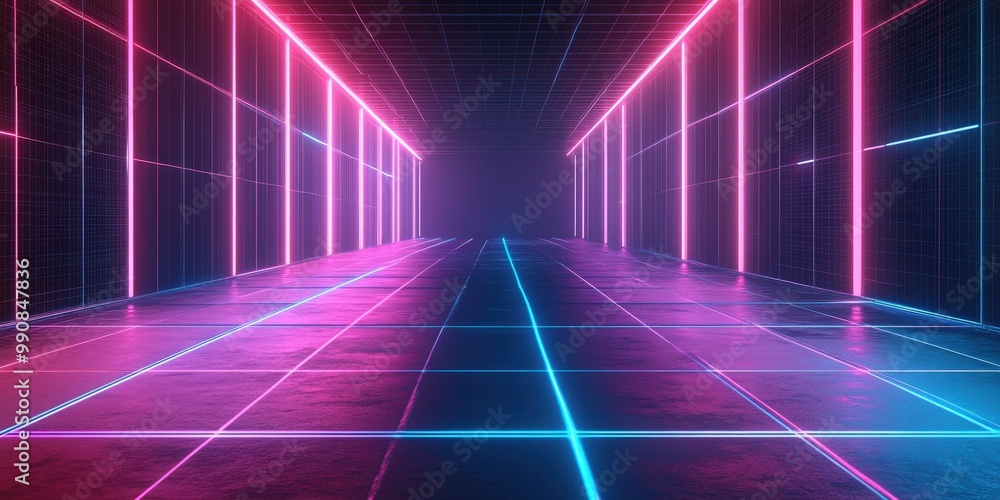 Neon Grid Background with Pink and Blue Lights Neon Grid Background with Pink and Blue Lights