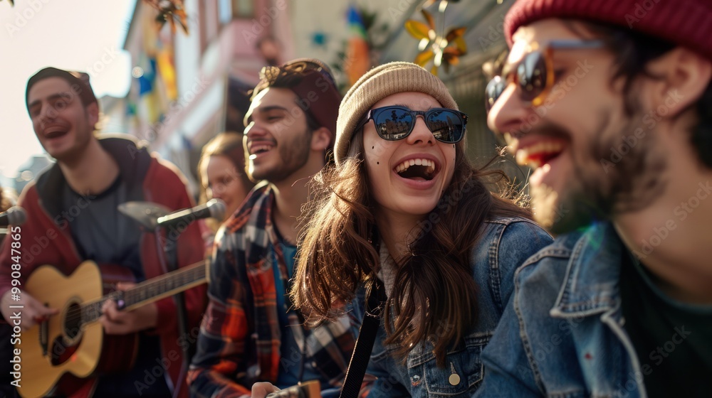 Trendy students in casual fashion, gathered together, laughing and enjoying music Trendy students in casual fashion, gathered together, laughing and enjoying music