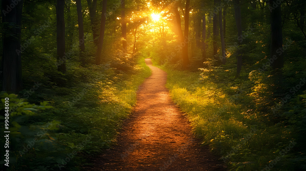 Fototapeta premium A serene forest pathway illuminated by golden sunlight, offering a peaceful escape into nature's beauty.