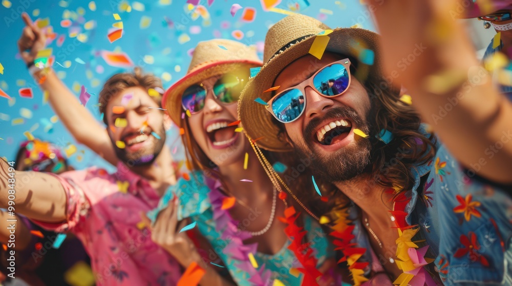Music enjoyment and socializing, young friends with happy faces and colorful attire Music enjoyment and socializing, young friends with happy faces and colorful attire