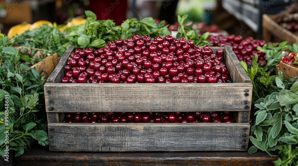 A vibrant display of fresh red barberries in a wooden crate at a farmer's market, surrounded by lush green herbs. A vibrant display of fresh red barberries in a wooden crate at a farmer's market, surrounded by lush green herbs.