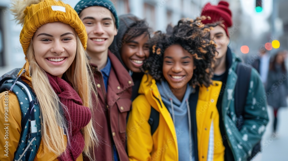 Joyful group of students, vibrant outfits, and a sense of fun in a city environment Joyful group of students, vibrant outfits, and a sense of fun in a city environment