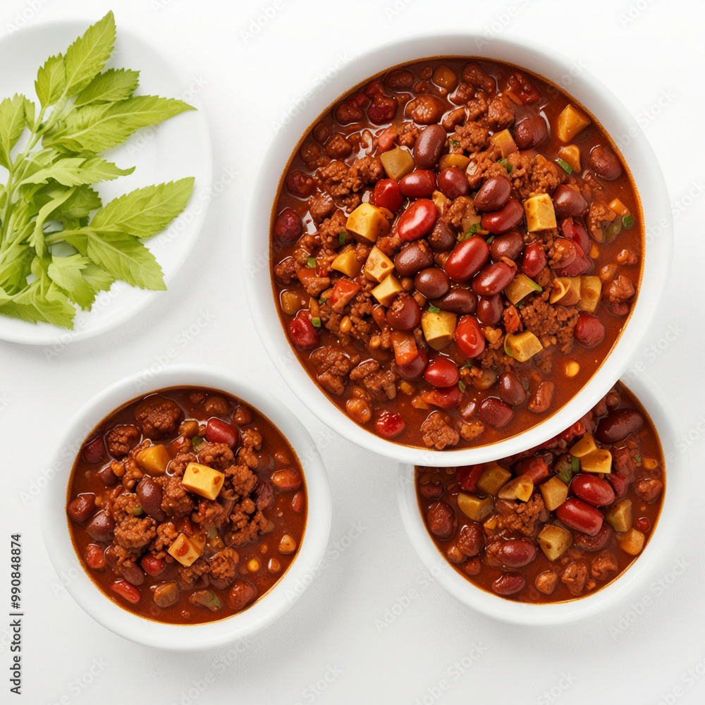 Fresh chili con carne with beans, beef, and chili peppers, isolated on white background Fresh chili con carne with beans, beef, and chili peppers, isolated on white background