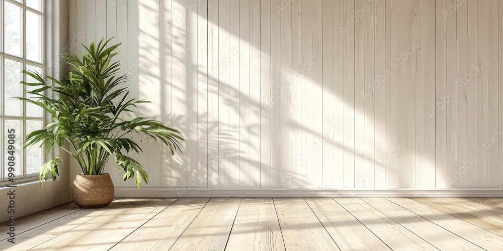 Bright Vertical Wooden Wall with Plant in Interior Space Bright Vertical Wooden Wall with Plant in Interior Space