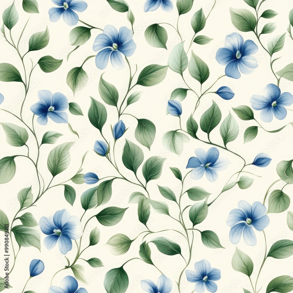A delicate floral pattern featuring blue flowers intertwined with green leaves on a light background, ideal for wallpaper or fabric design. A delicate floral pattern featuring blue flowers intertwined with green leaves on a light background, ideal for wallpaper or fabric design.