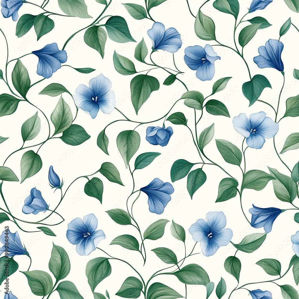 A delicate floral pattern featuring blue flowers and green leaves on a light background, ideal for home decor or textile designs. A delicate floral pattern featuring blue flowers and green leaves on a light background, ideal for home decor or textile designs.
