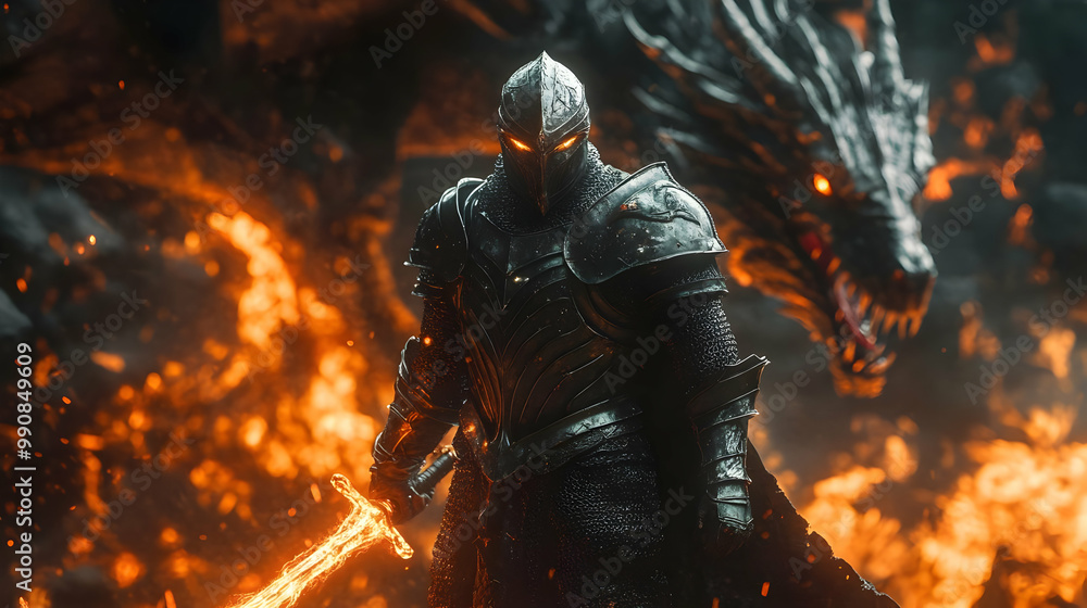 A valiant knight stands ready for battle against a massive dragon amidst fiery surroundings. A valiant knight stands ready for battle against a massive dragon amidst fiery surroundings.