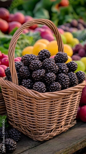 A basket overflowing with fresh black raspberries at a vibrant farmer's market surrounded by colorful fruits. photo