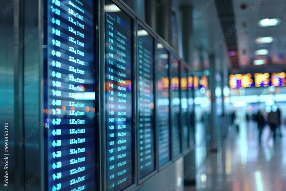 Airport terminal board displaying flight information with passengers walking in the background Airport terminal board displaying flight information with passengers walking in the background