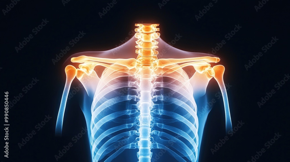 A colorful, anatomical illustration depicting the human upper body, highlighting the spine, shoulders, and ribs in a skeletal view. A colorful, anatomical illustration depicting the human upper body, highlighting the spine, shoulders, and ribs in a skeletal view.