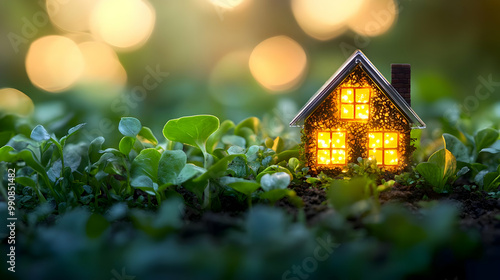 Cozy miniature house surrounded by green plants, glowing warmly in the soft light of dusk. photo