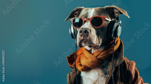 Trendy dog dressed in stylish clothing and headphones, showcasing a fashion-forward canine look in a playful and vibrant setting perfect for pet fashion enthusiasts and modern lifestyle promotions photo