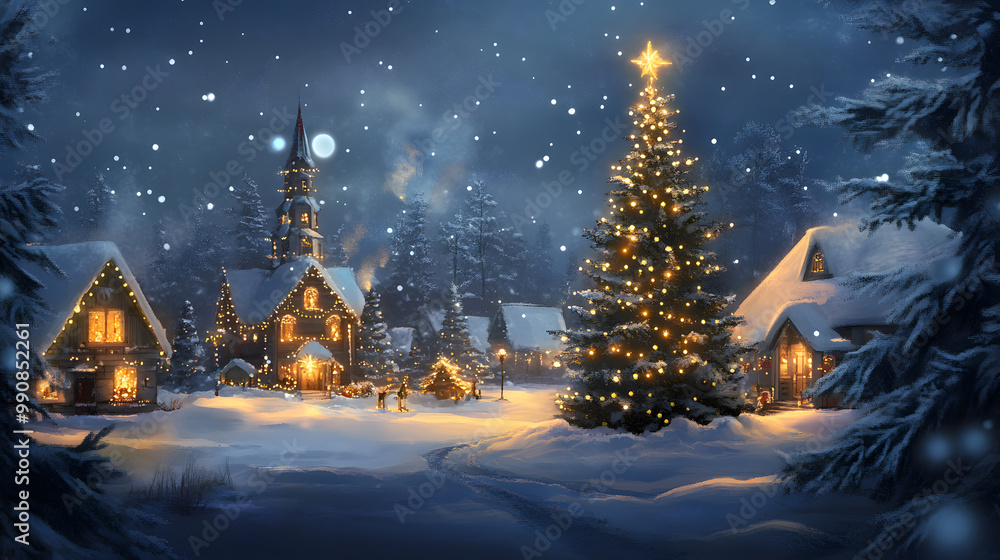 Holiday Snowy Night city with street and big Christmas Tree Holiday Snowy Night city with street and big Christmas Tree