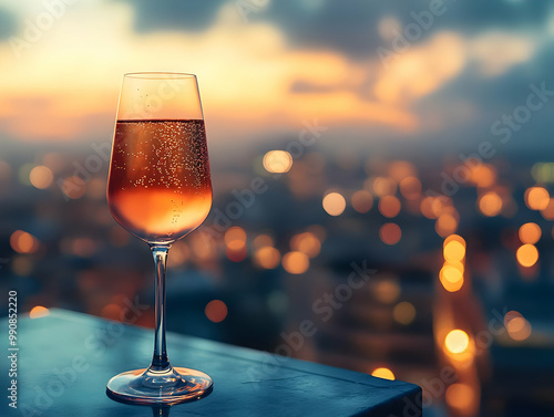 Elegant wine glass filled with sparkling rose against a vibrant city sunset, creating a warm and inviting atmosphere. photo