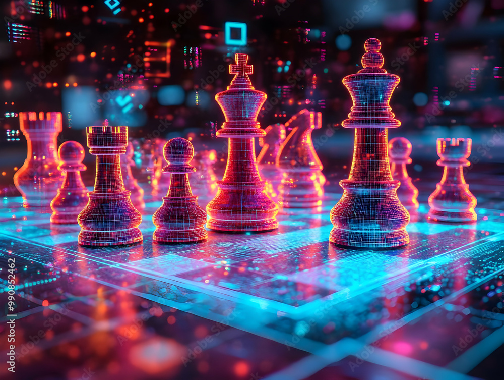 Futuristic chess pieces glowing with neon colors on a digital board. Futuristic chess pieces glowing with neon colors on a digital board.