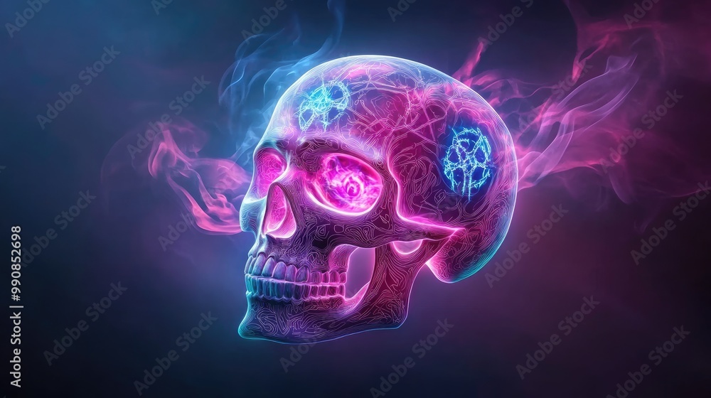 A vibrant, glowing skull surrounded by colorful smoke, evoking themes of mystique and the supernatural. A vibrant, glowing skull surrounded by colorful smoke, evoking themes of mystique and the supernatural.