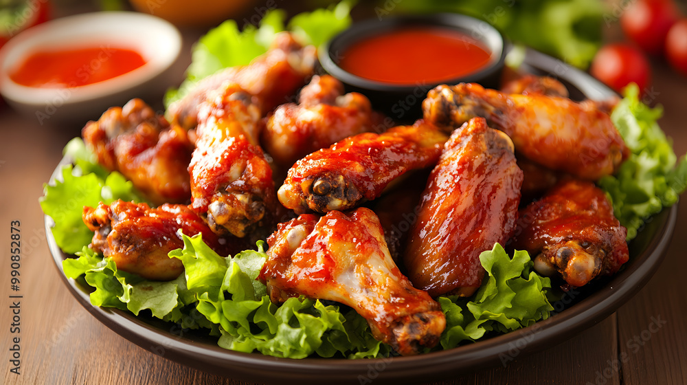 Platter of spicy chicken wings served with fresh greens and dipping sauce
Platter of spicy chicken wings served with fresh greens and dipping sauce