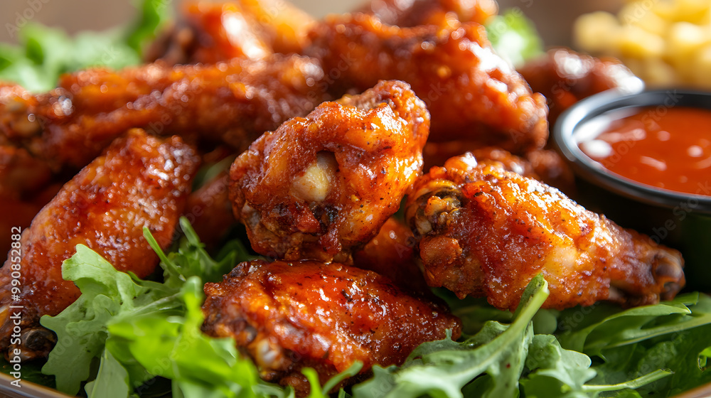 Platter of spicy chicken wings served with fresh greens and dipping sauce
Platter of spicy chicken wings served with fresh greens and dipping sauce