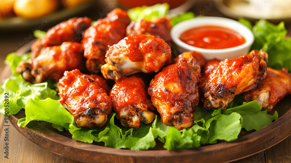 Platter of spicy chicken wings served with fresh greens and dipping sauce
Platter of spicy chicken wings served with fresh greens and dipping sauce