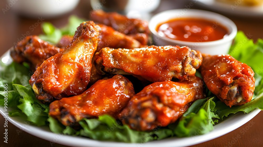 Platter of spicy chicken wings served with fresh greens and dipping sauce
Platter of spicy chicken wings served with fresh greens and dipping sauce
