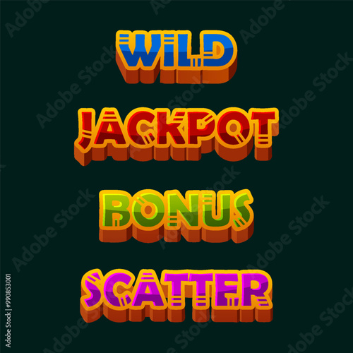 Set of Slot Words - Win, Scatter, Wild, Bonus, and Jackpot. Maya or Aztec Style text for 2D Games and Casino or Slots