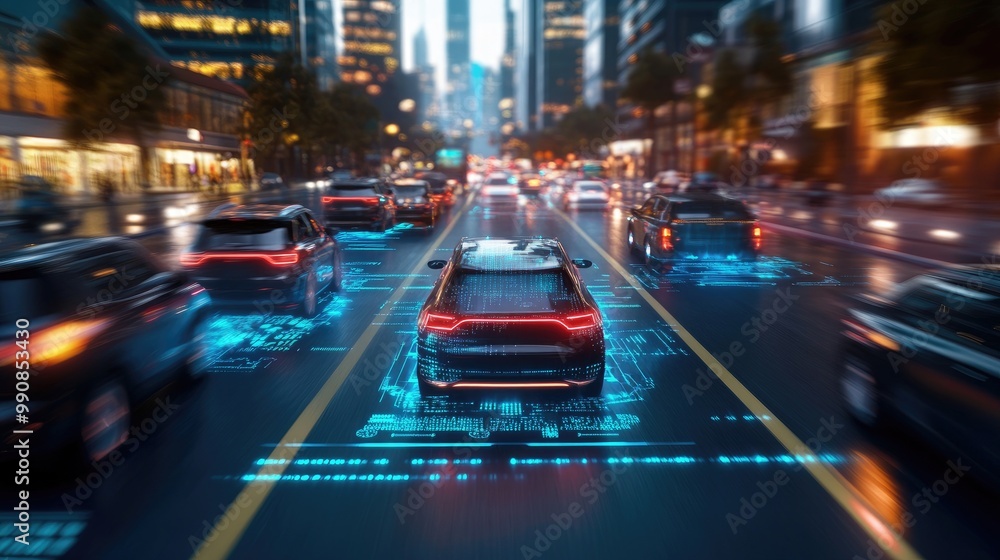 A futuristic cityscape with vehicles on a busy road, illuminated by digital data overlays, showcasing advanced technology and smart transportation. A futuristic cityscape with vehicles on a busy road, illuminated by digital data overlays, showcasing advanced technology and smart transportation.