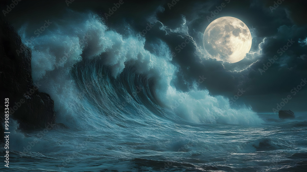 Majestic ocean waves illuminated by a bright full moon under a dramatic sky. Majestic ocean waves illuminated by a bright full moon under a dramatic sky.