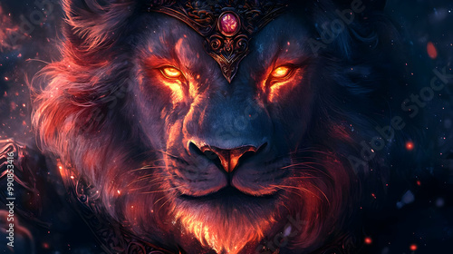 Majestic lion with glowing eyes and ornate crown in a mystical, dramatic setting.