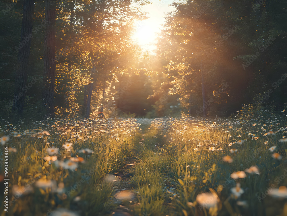 Serene forest path with flowers illuminated by warm sunlight, creating a peaceful atmosphere in nature. Serene forest path with flowers illuminated by warm sunlight, creating a peaceful atmosphere in nature.