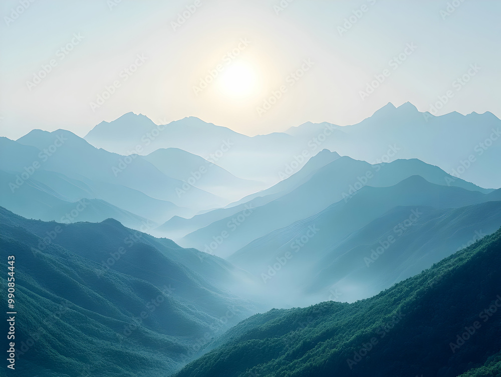 Serene mountain landscape under a soft sunrise, showcasing layers of mist and silhouettes of rolling hills. Serene mountain landscape under a soft sunrise, showcasing layers of mist and silhouettes of rolling hills.