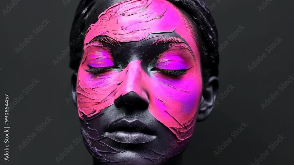 A woman's face is painted with pink and purple colors. The face is very detailed and has a lot of texture. The colors and texture give the impression of a futuristic or sci-fi look A woman's face is painted with pink and purple colors. The face is very detailed and has a lot of texture. The colors and texture give the impression of a futuristic or sci-fi look