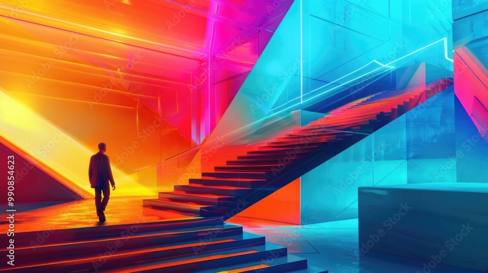 Man walking up the steps, in the direction of the arrow, bright colors in the futuristic style. The concept of the path. Man walking up the steps, in the direction of the arrow, bright colors in the futuristic style. The concept of the path.